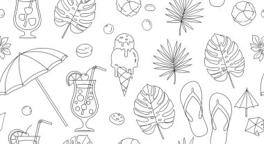 Tropikal yapraklar, kokteyller, dondurma, plaj şemsiyeleri, parmak arası terlikler ve diğer yaz temalı elementlerin çizimleriyle kusursuz desen..