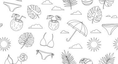 Yaz temalı elementlerle kusursuz bir desen: Şemsiyeli hindistan cevizleri, canavar yaprakları, palmiye yaprakları, güneşler, bulutlar, şemsiye ve mayo..