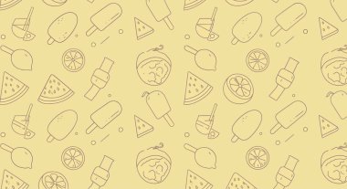 Özetlenmiş yaz elementleri içeren kusursuz desenler: karpuz dilimleri, limon dilimleri, dondurmalar, kamışlı bir içecek ve akıllı bir şey..