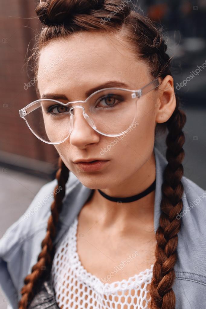 Girl handsome street pigtails