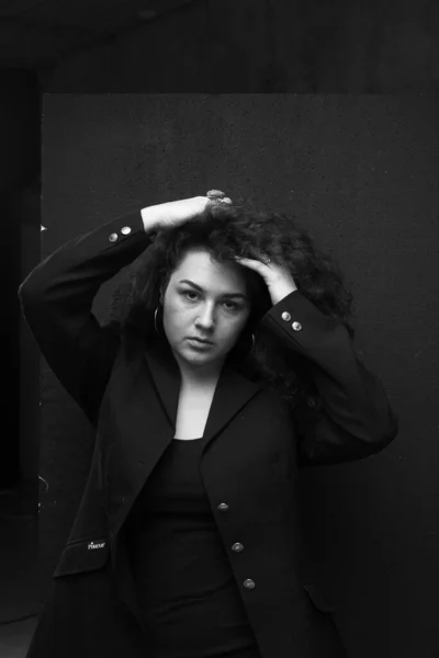 Emotional Portraits Beautiful Curly Girl Jacket — Stock Photo, Image