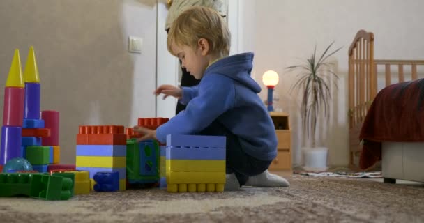 Happy Little Child Plays Toys Brick Constructor Carpet Floor Room — Stock Video