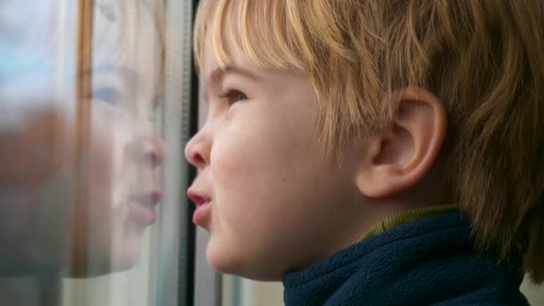 Niedliches Nachdenkliches Kindergesicht Ernsthafter Junge Steht Wartend Fenster Und Denkt — Stockvideo