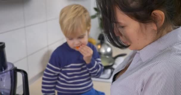 忙碌的家庭主妇照料妈妈在家里的厨房里准备素食和带孩子的食物4K — 图库视频影像