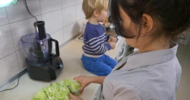 Frau Schneidet Chinakohl Mit Küchenmesser Umtriebige Hausfrau Die Mutter Die — Stockvideo