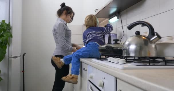 忙しい主婦ケアお母さん家庭で子供と一緒にベジタリアンビーガンフードを準備 — ストック動画