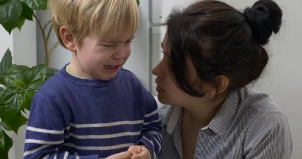 孩子哭泣的母亲平静地抚慰着孩子哭泣的儿子 Kitchen 4K的拥抱之吻 — 图库视频影像