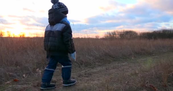 フィールド フットパス トレイルを歩く子供に続きます 冬の秋の夜の田園風景 — ストック動画