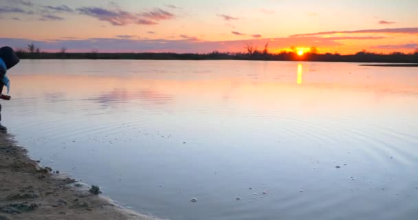 子供は湖の池の海岸の木製の釣桟橋の近くで水に砂を投げる 美しい夕日の雲の風景反射美しい夜の田舎の風景 農村風景 — ストック動画