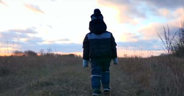 Gyalogösvény Mentén Sétáló Gyermek Nyomában Téli Őszi Este Ország Tájkép — Stock videók