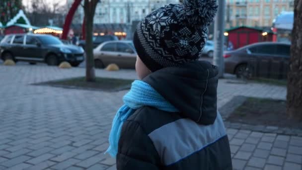 Χαμένο Παιδί Περπατά Μόνο Του Στην Χριστουγεννιάτικη Αγορά Και Ψάχνει — Αρχείο Βίντεο