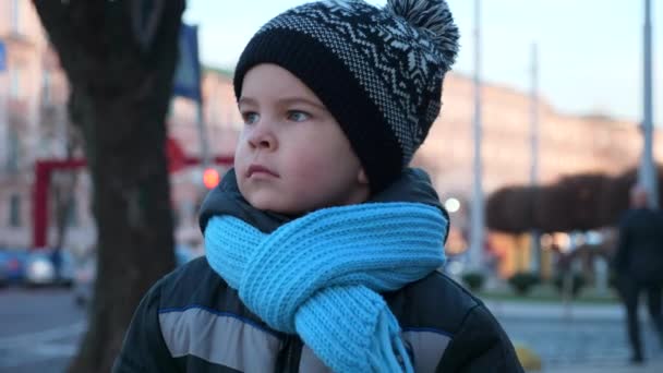 Niño Perdido Caminando Solo Mercado Navidad Mirando Alrededor Vacaciones Invierno — Vídeo de stock