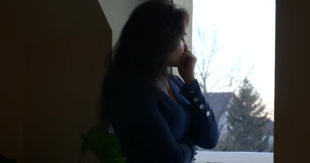 Distressed Woman Thinks Calms Relax Stress Standing Window Sad Emotions — Stock Video