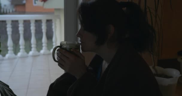 Młoda Kobieta Lubi Pić Herbatę Cytryną Patrzeć Przez Okno Wieś — Wideo stockowe