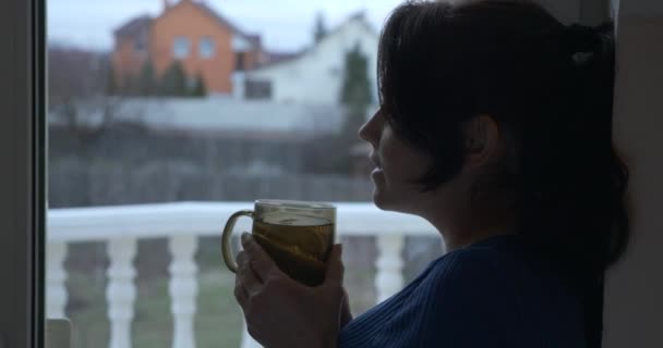 Девушке Нравится Пить Чай Лимоном Смотреть Окно Загородный Дом Престарелых — стоковое видео