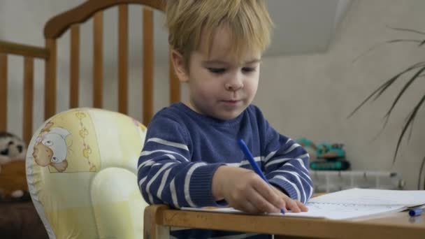 小男孩用费尔特尖笔学习画画 家庭教育 创意幼儿学习 2X慢动作60 Fps — 图库视频影像