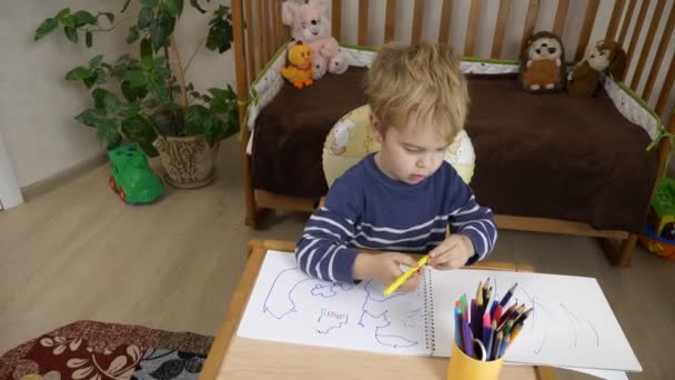 Little Boy Aprende Desenho Com Caneta Felt Tip Educação Infantil — Vídeo de Stock