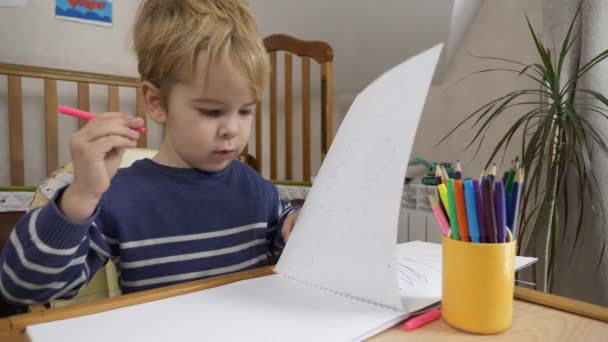 Little Boy Learns Tekenen Met Viltstift Kinderopvoeding Thuis Creatief Kleuteronderwijs — Stockvideo