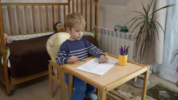 Kleiner Junge Lernt Zeichnen Mit Filzstift Kindererziehung Hause Kreative Vorschulstudie — Stockvideo