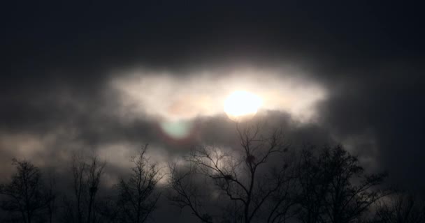 暗い灰色の雲の後ろの時間経過日没の太陽が速く移動します ラウンド ソーラー ディスク 強い風の天気気候の夜の夕暮れ 灰色の空 — ストック動画