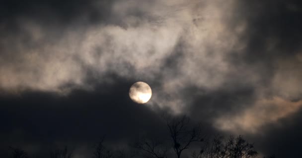 暗い灰色の雲の後ろに太陽が速く移動します ラウンド ソーラー ディスク 強風気候夜の夕暮れ灰色の空 — ストック動画