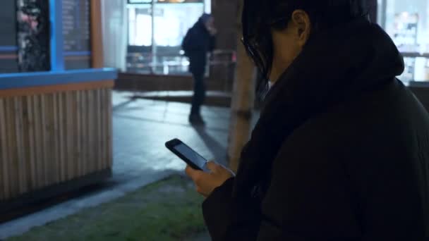 Lost Child Stands Alone Kind Woman Helping Find Parents Evening — Stock Video