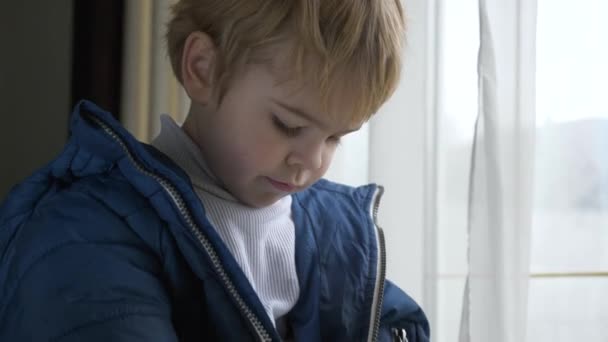 Cute Child Zapina Kurtkę Zamkiem Błyskawicznym Mały Chłopiec Zimowym Stroju — Wideo stockowe