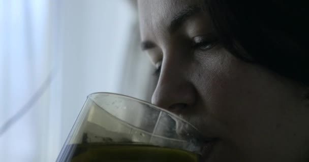 Radosna Kobieta Lubi Pić Herbatę Uśmiechy Patrząc Obiektyw Siedząc Przed — Wideo stockowe