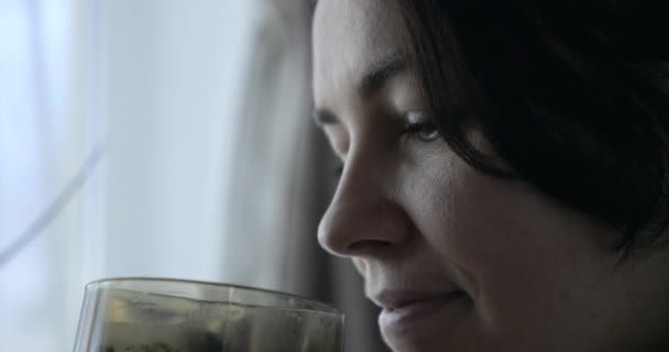 Radosna Kobieta Lubi Pić Herbatę Uśmiechy Patrząc Obiektyw Siedząc Przed — Wideo stockowe