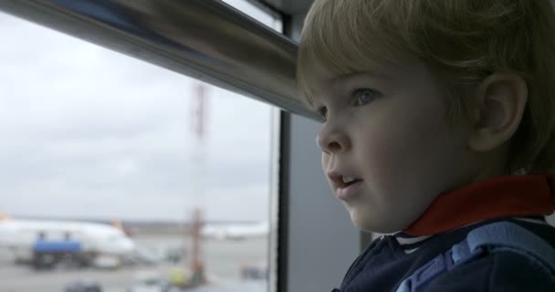 Criança Incrível Apontando Dedo Para Aviões Assistindo Janela Aeroporto Little — Vídeo de Stock