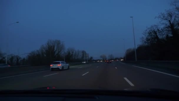Pov Windshield View Conducción Coches Rápido Carretera Por Noche Francia — Vídeos de Stock