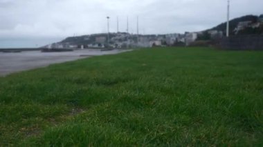 Quay yakınlarında Green Grass Lawn 'a yakın bir yerde. Deniz kıyısındaki şehir. Le Havre Normandiya Fransa Avrupa. Gri Bulutlu Gökyüzü. Yavaş çekim