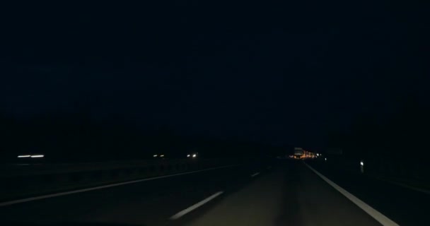 Driving Car Highway Night Vehicle Overtakes Cargo Truck Suv Windshield — Stock Video