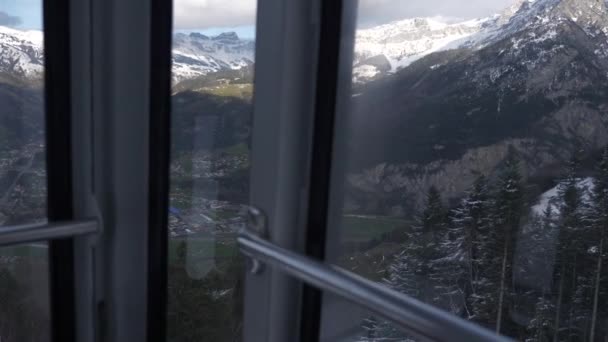 Pov Tourist Gondola Lifting Top Mountain View Out Cabin Window — Stock Video