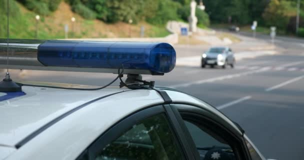 Primo Piano Blue Emergency Flashing Lights Police Patrol Car Urban — Video Stock