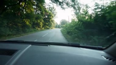 Araba Sürüşü ile Seyahat. Ön cam görünümlü ön ekran. Forest Yolu. Yaz sabahı. Yavaş çekim 4K