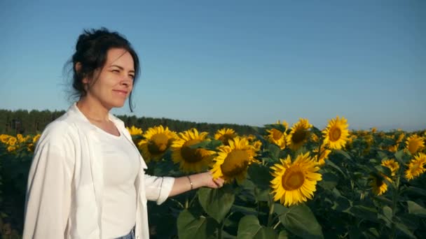 Jeune Femme Regardez Champ Tournesol Une Agronome Travailleuse Agricole Inspecte — Video