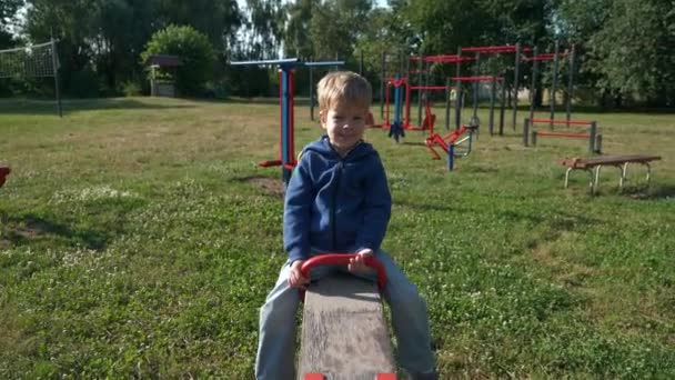 Happy Little Boy Riding Swing Teeter Totter Tilt 아이들이 여름의 — 비디오
