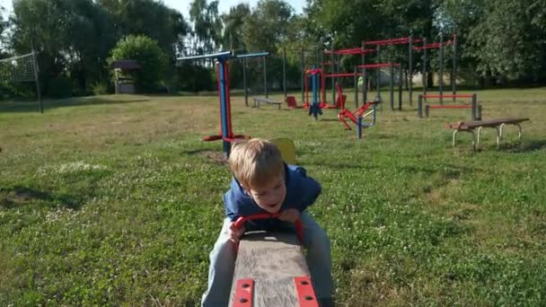 Happy Little Boy Riding Swing Teeter Totter Tilt 아이들이 여름의 — 비디오