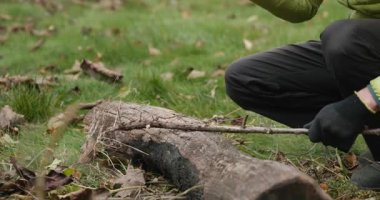 Man, arka bahçede baltayla odun kesiyor. Ağır çekim. 60 fp 10-bit.