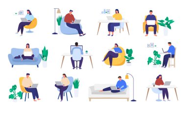 Evde çalışıyorum. Merkez ofis. Laptop ve bilgisayarla çalışan insanlar. Vektör