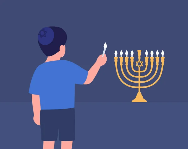 Lilla pojken lyser upp Menorah. Hanukkah traditioner. Vektor — Stock vektor