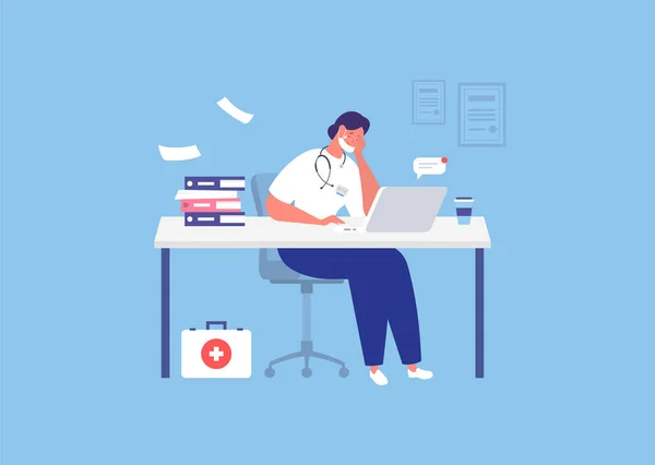 Stressed doctor sitting with laptop in office. Overworked doctor. Burnout. Vector — Stock Vector