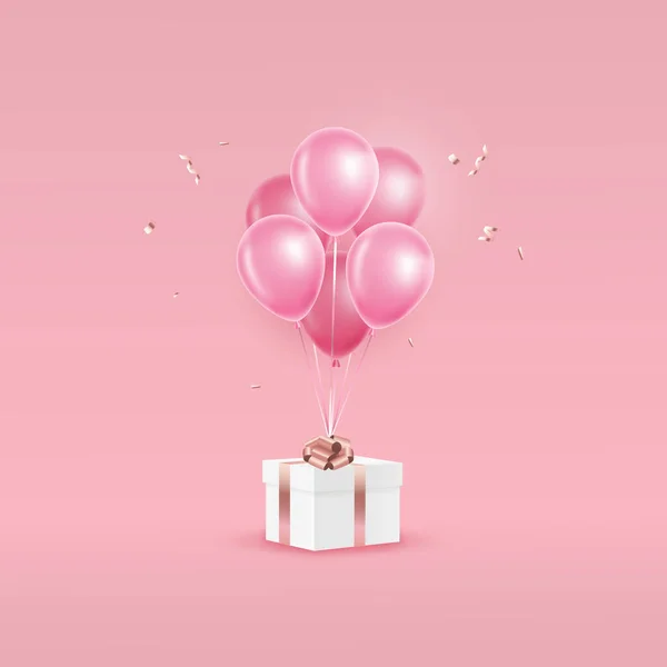 Cadeau met ballonnen. Aanwezig. Geschenkdoos. Roze achtergrond. Vector — Stockvector