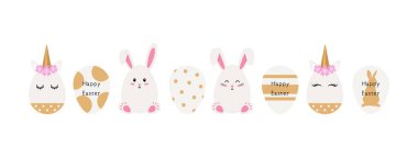 Paskalya yumurtaları. Tatlı çizgi film tavşanı ve tek boynuzlu at. Vektör illüstrasyonu