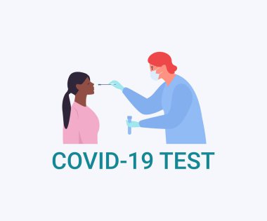 Corona test çubuğu. Coronavirus alan kadın, Covid-19 testi. Nazal örnek. Vektör illüstrasyonu