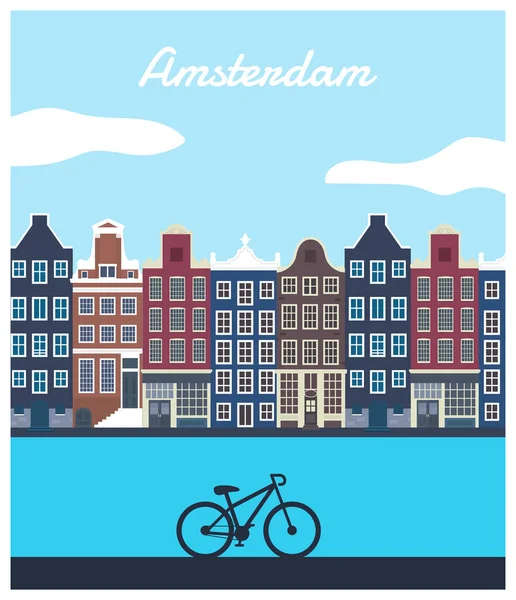 Cartel Amsterdam Lindas Casas Bicicleta Ilustración Vectorial — Archivo Imágenes Vectoriales