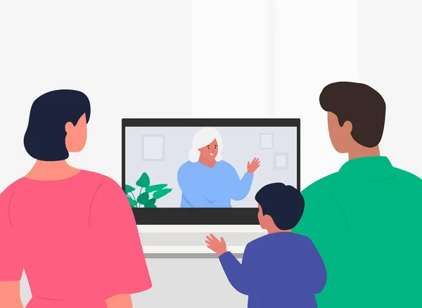 Videollamada con la abuela. Mamá, papá y niño. Hablando con niños adultos. Aislamiento de bloqueo. Vector — Vector de stock