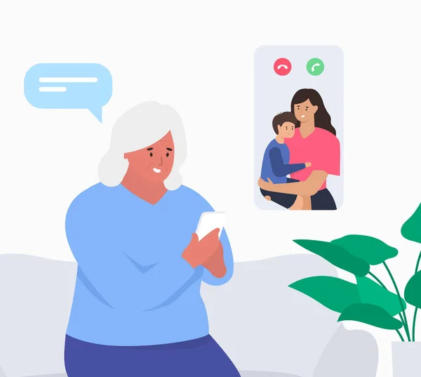 Abuela hablando con su hija adulta y su hijo. Videollamada. Distancia social. Vector — Vector de stock