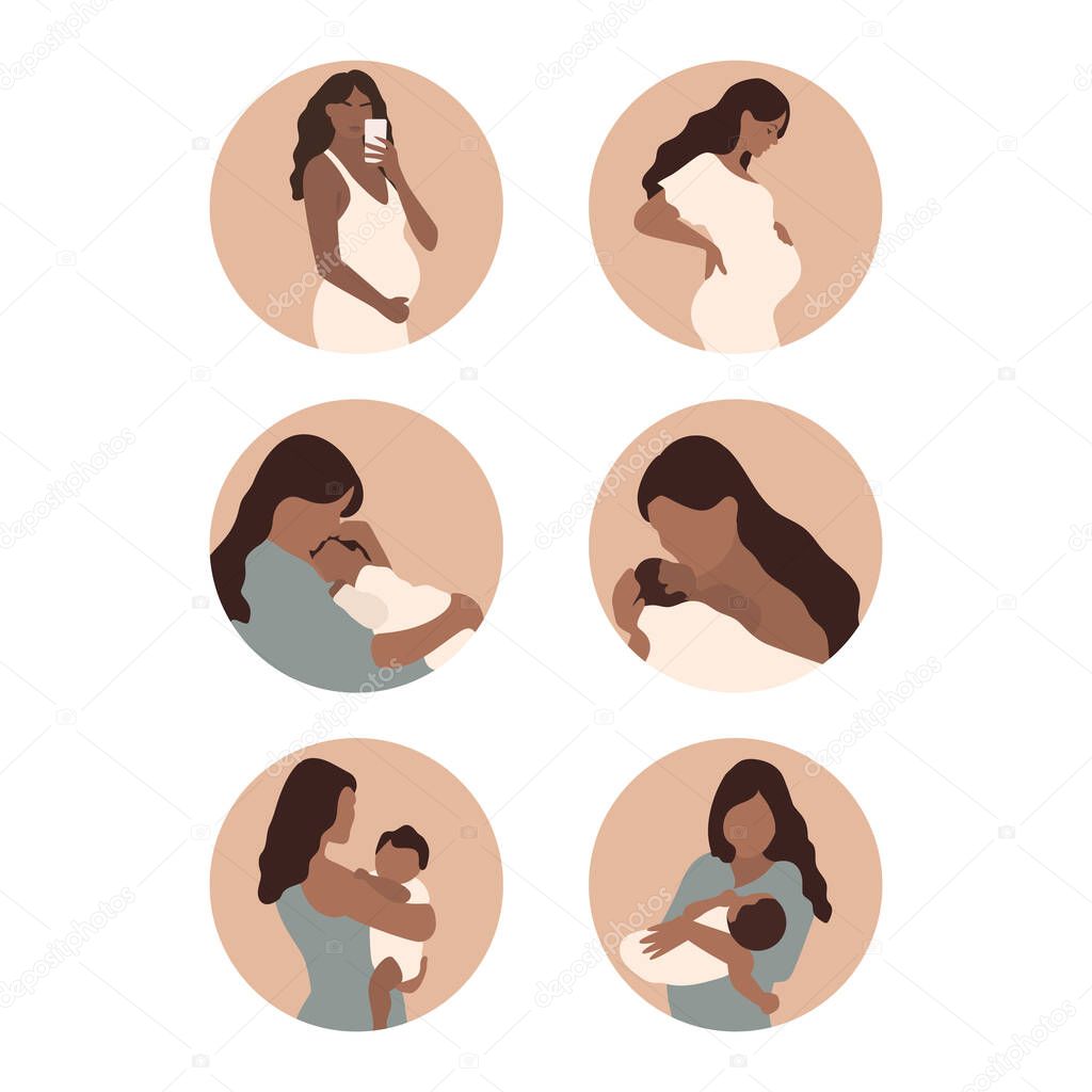 Pregnancy. Mom and baby. Cute hand drawn doodles. Vector